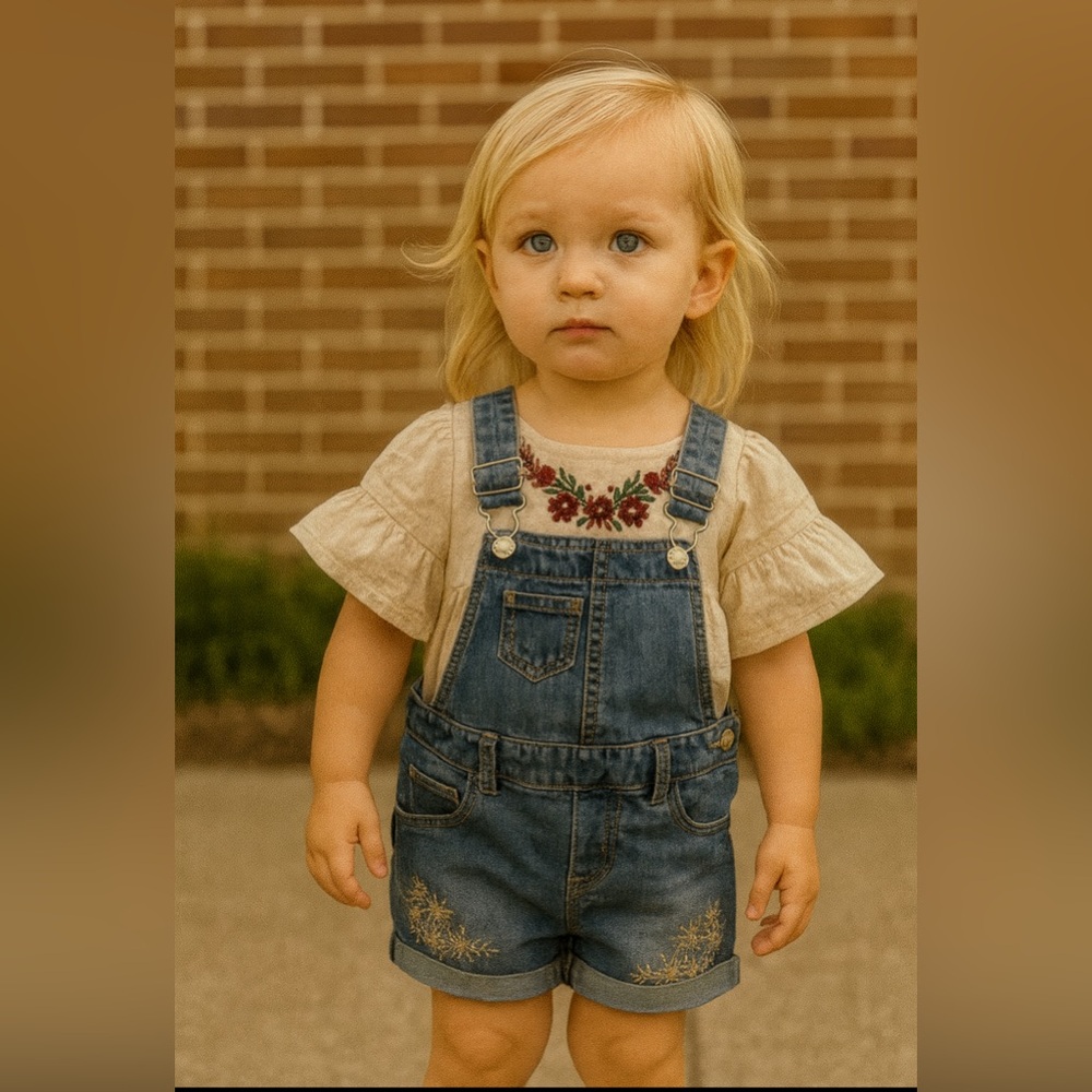 Genuine Kids OshKosh Denim Embroidered Short Overalls | Size 3T